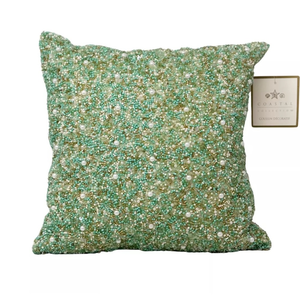 COASTAL Collection Emerald Green Gold White Beaded 14" Square Decorative Pillow